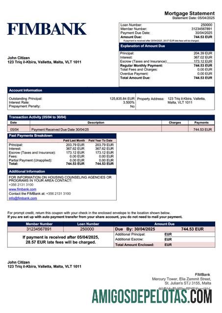 realista Modelo Word e PDF de declaração de hipoteca Malta FIMBank